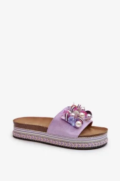 Hot Klapki Damskie Na Platformie Z Ozdobami S.Barski HY077 Fioletowe Damskie Klapki Na Platformie|Klapki Damskie Klasyczne