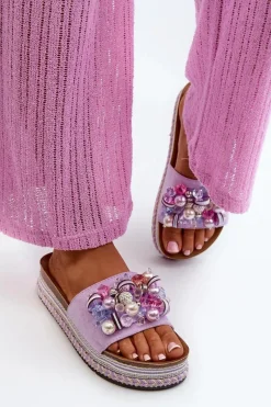 Hot Klapki Damskie Na Platformie Z Ozdobami S.Barski HY077 Fioletowe Damskie Klapki Na Platformie|Klapki Damskie Klasyczne