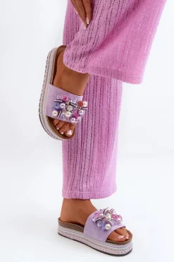 Hot Klapki Damskie Na Platformie Z Ozdobami S.Barski HY077 Fioletowe Damskie Klapki Na Platformie|Klapki Damskie Klasyczne