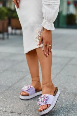 Hot Klapki Damskie Na Platformie Z Ozdobami S.Barski HY077 Fioletowe Damskie Klapki Na Platformie|Klapki Damskie Klasyczne