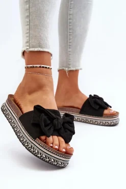 Online Boto Klapki Damskie Na Platformie Z Kokardą Czarne Evatria