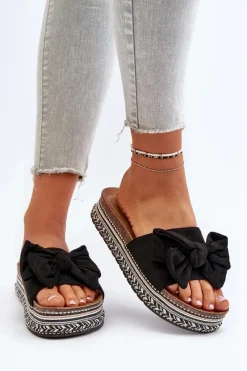 Online Boto Klapki Damskie Na Platformie Z Kokardą Czarne Evatria