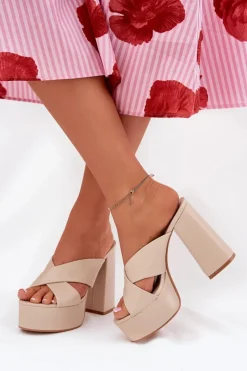 Discount Boto Klapki Damskie Na Platformie I Słupku Beżowe Lenobos Beżowy