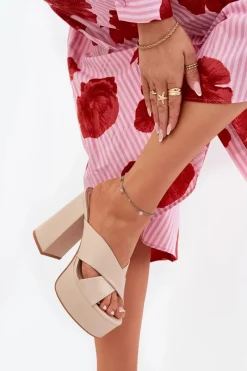 Discount Boto Klapki Damskie Na Platformie I Słupku Beżowe Lenobos Beżowy