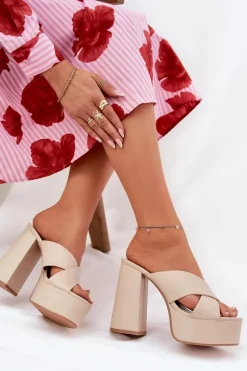 Discount Boto Klapki Damskie Na Platformie I Słupku Beżowe Lenobos Beżowy