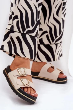 Best Boto Klapki Damskie Na Platformie Ze Złotymi Klamrami Beżowe Tersele