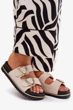 Best Boto Klapki Damskie Na Platformie Ze Złotymi Klamrami Beżowe Tersele