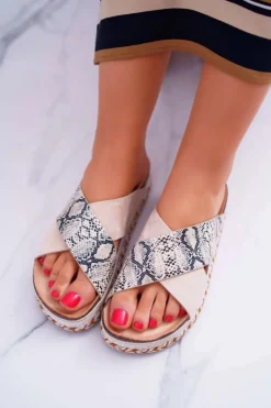 Boto Klapki Damskie Na Platformie Beż Snake Greta