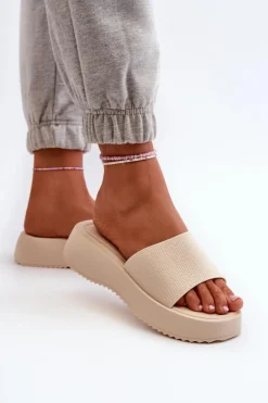 Hot Boto Klapki Damskie Na Platformie I Koturnie Jasnobeżowe Vimarils