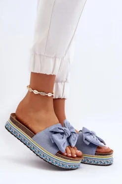 Klapki Damskie Na Platformie Z Kokardą Niebieskie Evatria Damskie Klapki Na Platformie|Klapki Damskie Klasyczne