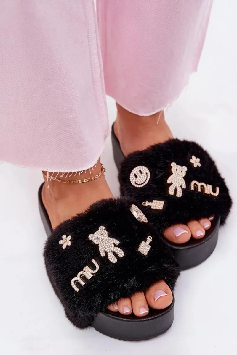 Klapki Z Futerkiem|Klapki Na Platformie>Boto Klapki Damskie Na Platformie Z Futerkiem I Złotymi Przypinkami Czarne Livira