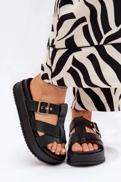 Outlet Klapki Damskie Na Platformie Z Paskami I Klamrą Czarne Elimessa Damskie Klapki Na Platformie|Klapki Damskie Klasyczne