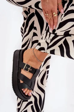 Outlet Klapki Damskie Na Platformie Z Paskami I Klamrą Czarne Elimessa Damskie Klapki Na Platformie|Klapki Damskie Klasyczne