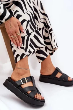 Outlet Klapki Damskie Na Platformie Z Paskami I Klamrą Czarne Elimessa Damskie Klapki Na Platformie|Klapki Damskie Klasyczne