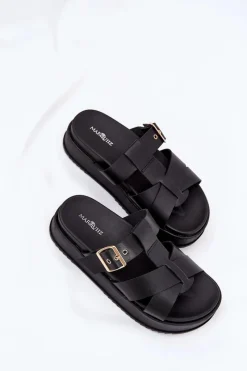 Outlet Klapki Damskie Na Platformie Z Paskami I Klamrą Czarne Elimessa Damskie Klapki Na Platformie|Klapki Damskie Klasyczne