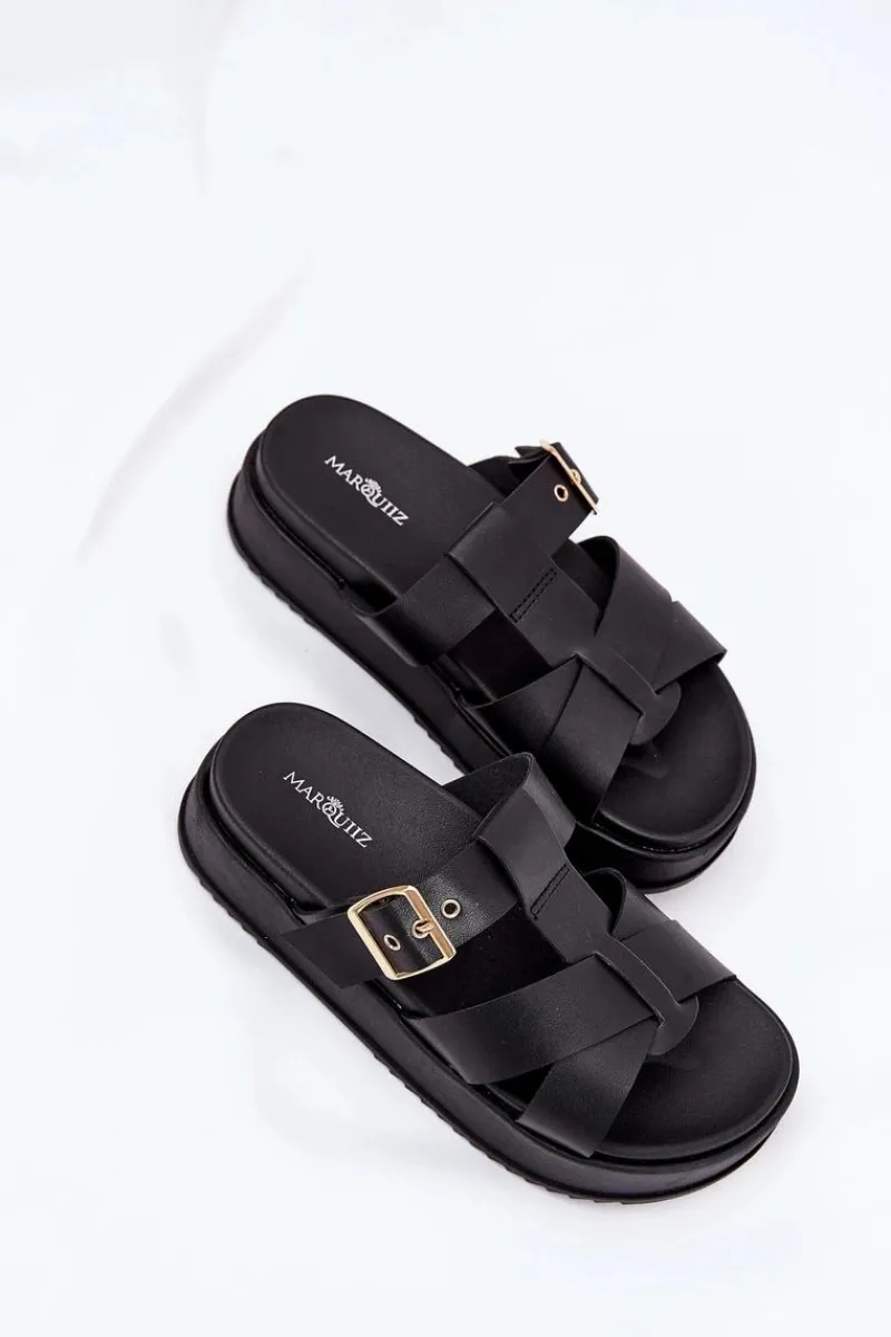 Outlet Klapki Damskie Na Platformie Z Paskami I Klamrą Czarne Elimessa Damskie Klapki Na Platformie|Klapki Damskie Klasyczne