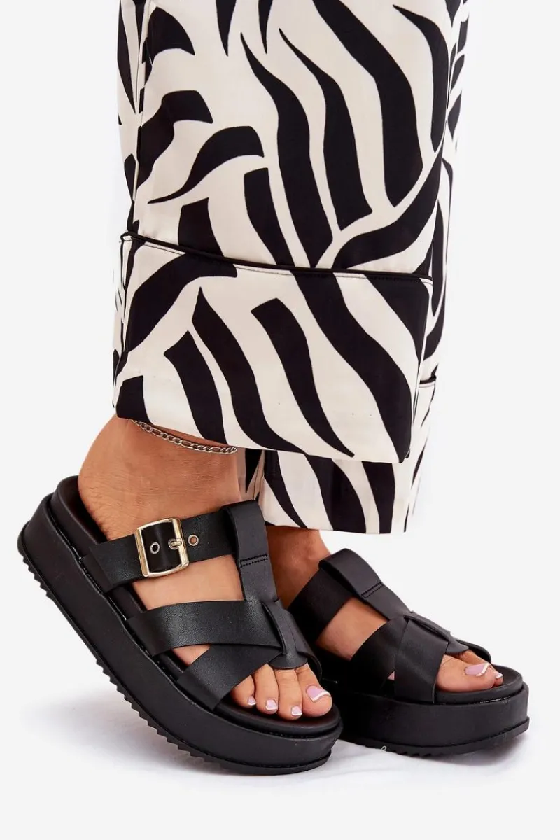 Outlet Klapki Damskie Na Platformie Z Paskami I Klamrą Czarne Elimessa Damskie Klapki Na Platformie|Klapki Damskie Klasyczne