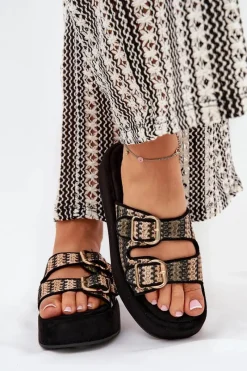 Sale Boto Klapki Damskie Na Platformie Z Klamrami I Plecionką Czarne Limme