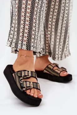 Sale Boto Klapki Damskie Na Platformie Z Klamrami I Plecionką Czarne Limme