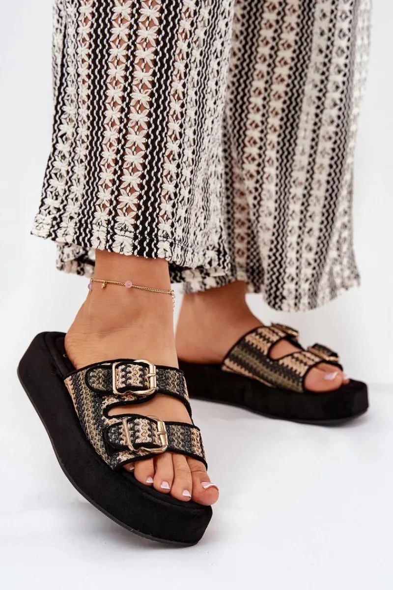 Sale Boto Klapki Damskie Na Platformie Z Klamrami I Plecionką Czarne Limme