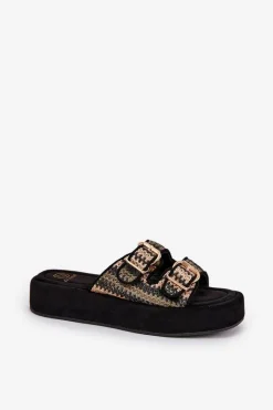 Sale Boto Klapki Damskie Na Platformie Z Klamrami I Plecionką Czarne Limme