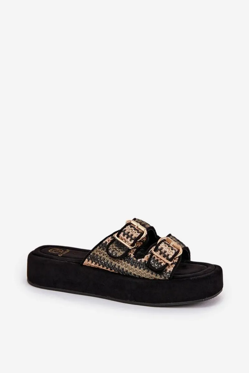 Sale Boto Klapki Damskie Na Platformie Z Klamrami I Plecionką Czarne Limme