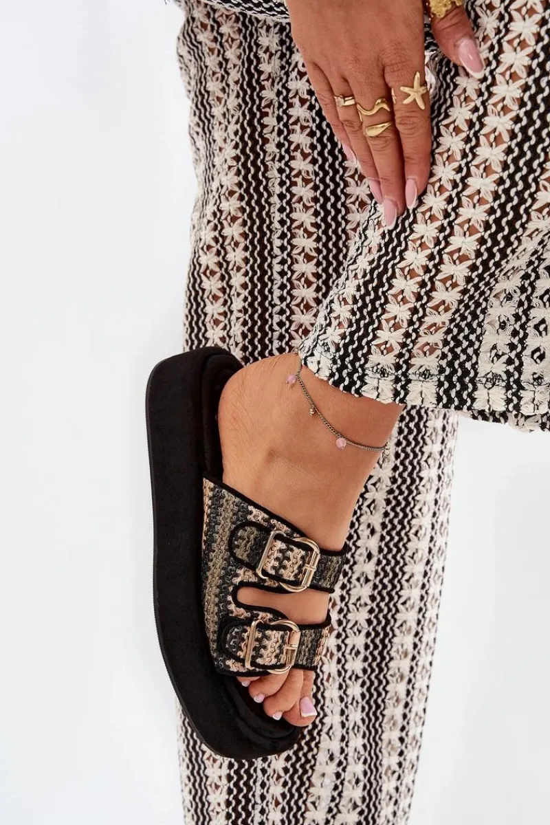 Sale Boto Klapki Damskie Na Platformie Z Klamrami I Plecionką Czarne Limme