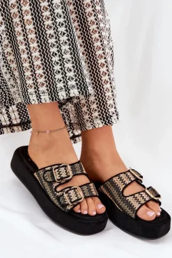 Sale Boto Klapki Damskie Na Platformie Z Klamrami I Plecionką Czarne Limme