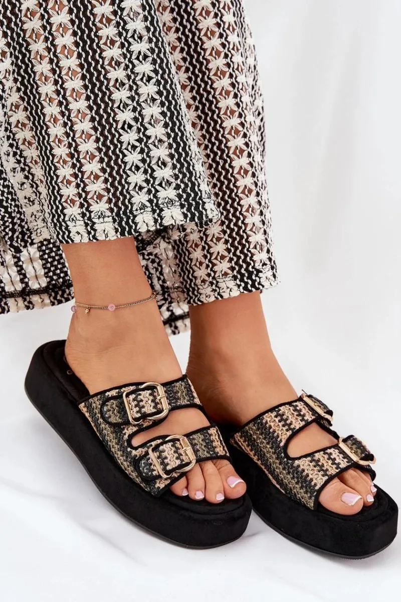 Sale Boto Klapki Damskie Na Platformie Z Klamrami I Plecionką Czarne Limme