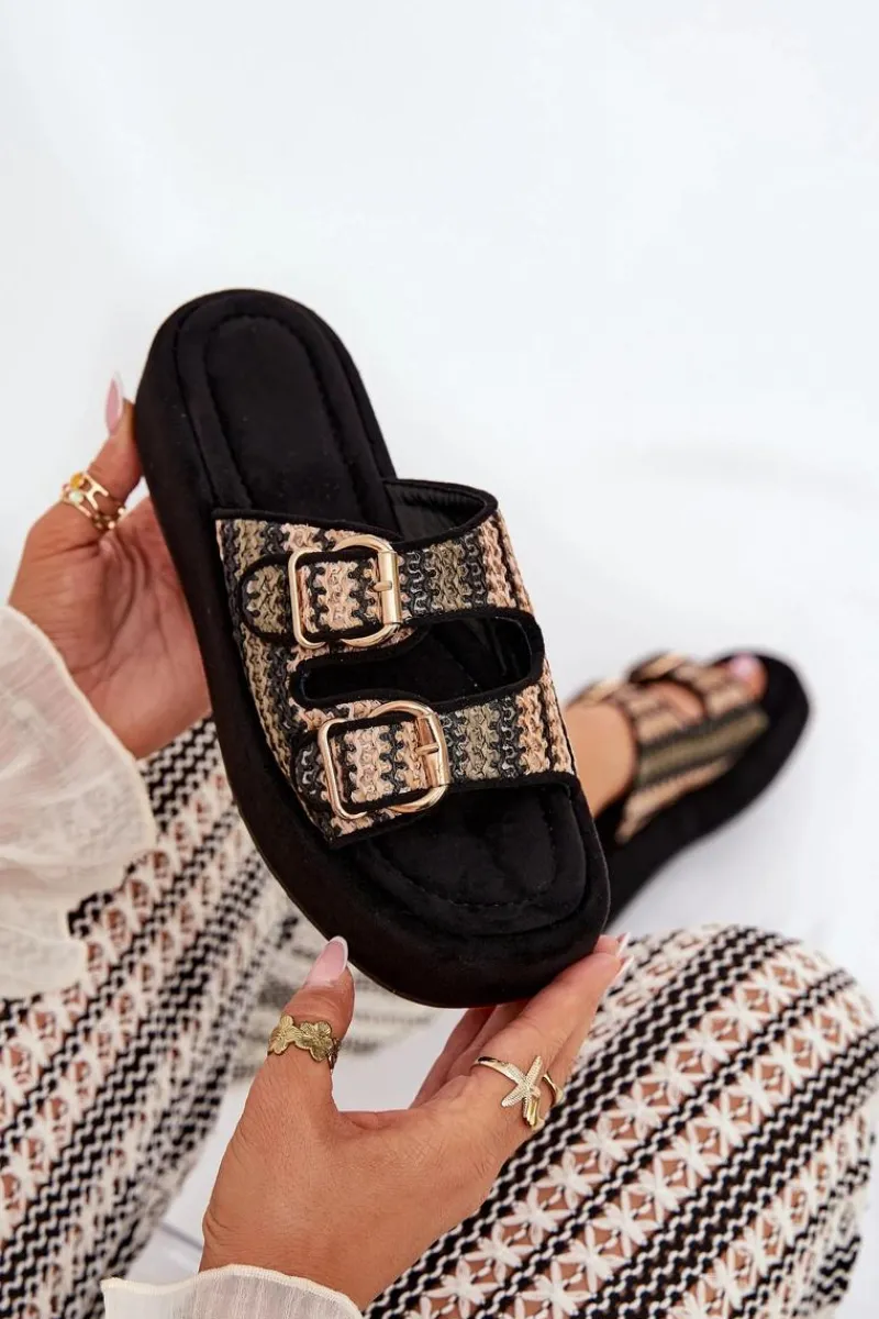 Sale Boto Klapki Damskie Na Platformie Z Klamrami I Plecionką Czarne Limme