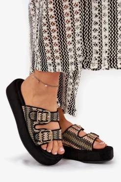 Sale Boto Klapki Damskie Na Platformie Z Klamrami I Plecionką Czarne Limme