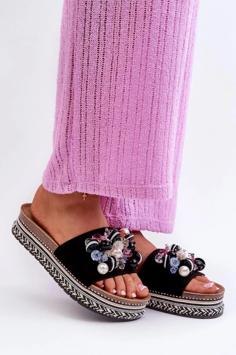 Klapki Damskie Na Platformie Z Ozdobami S.Barski HY077 Czarne Damskie Klapki Na Platformie|Klapki Damskie Klasyczne