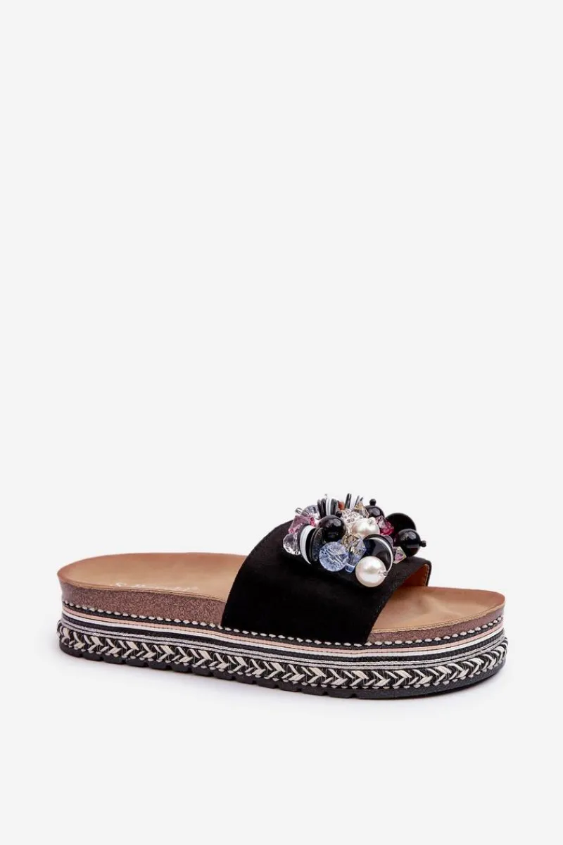 Klapki Damskie Na Platformie Z Ozdobami S.Barski HY077 Czarne Damskie Klapki Na Platformie|Klapki Damskie Klasyczne