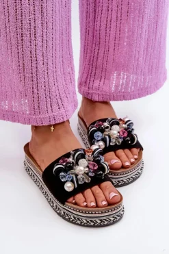 Klapki Damskie Na Platformie Z Ozdobami S.Barski HY077 Czarne Damskie Klapki Na Platformie|Klapki Damskie Klasyczne