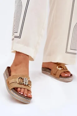 Boto Klapki Damskie Na Platformie Z Brokatem I Złotą Ozdobą Camel Rilirea