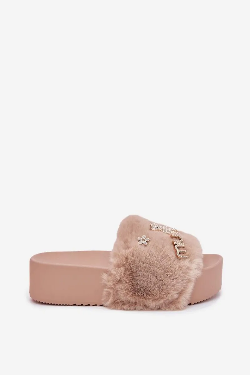 Online Boto Klapki Damskie Na Platformie Z Futerkiem I Złotymi Przypinkami Beżowe Livira