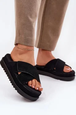 Best Boto Klapki Damskie Na Platformie Z Przeplatającymi Się Paskami Czarne Rinasara Czarny