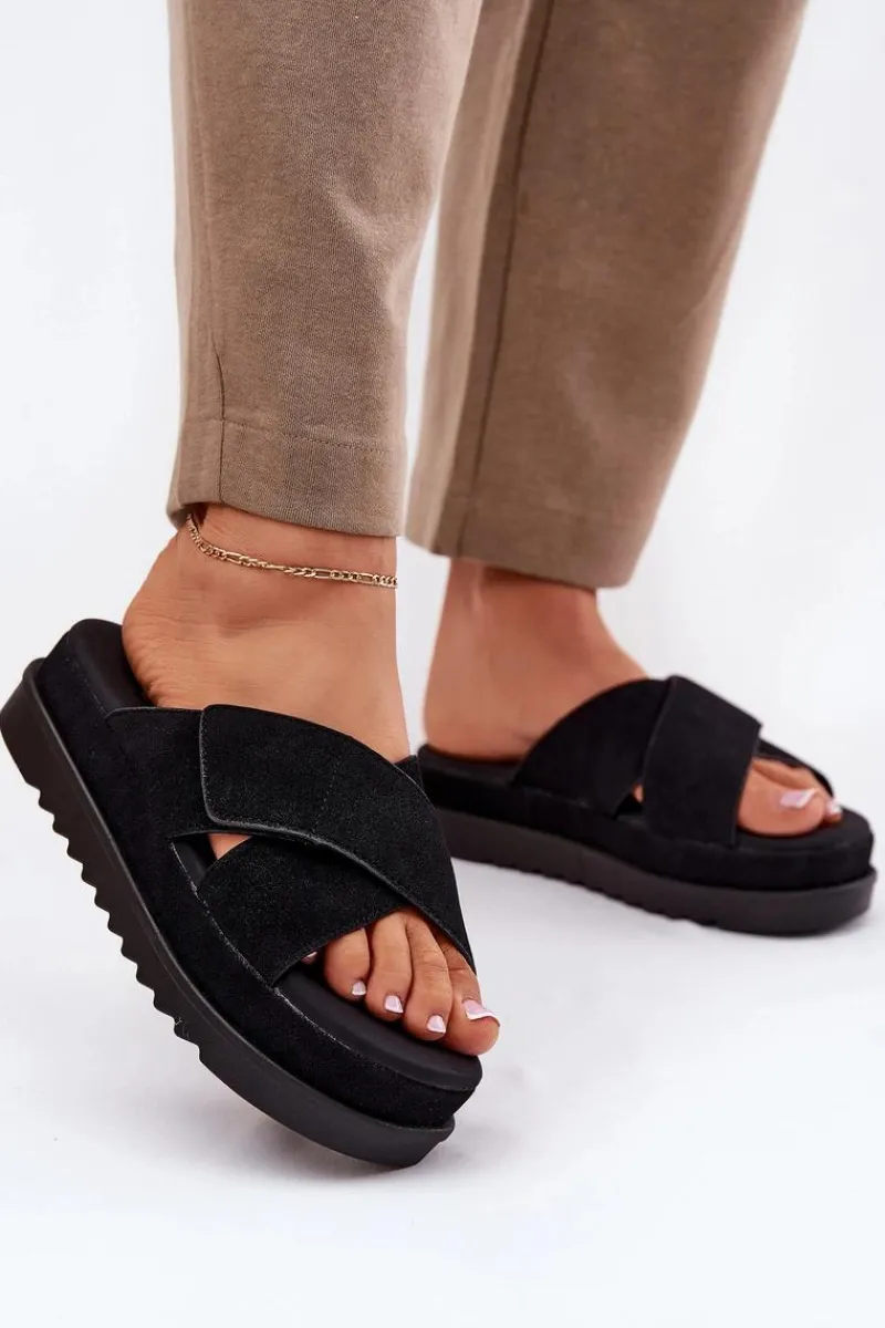 Best Boto Klapki Damskie Na Platformie Z Przeplatającymi Się Paskami Czarne Rinasara Czarny