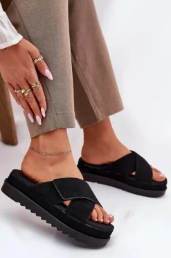 Best Boto Klapki Damskie Na Platformie Z Przeplatającymi Się Paskami Czarne Rinasara Czarny