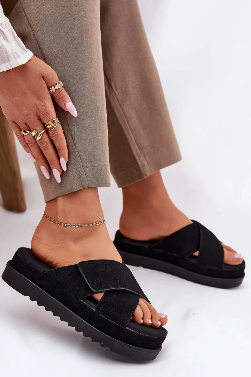 Best Boto Klapki Damskie Na Platformie Z Przeplatającymi Się Paskami Czarne Rinasara Czarny