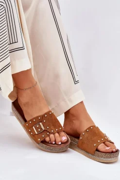 Clearance Boto Klapki Damskie Na Platformie Z Klamrą I Ćwiekami Camel Nusithia Brązowy