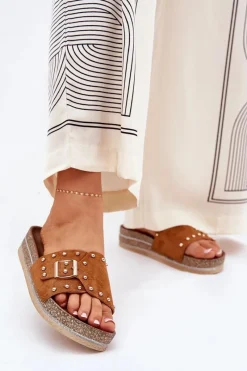 Clearance Boto Klapki Damskie Na Platformie Z Klamrą I Ćwiekami Camel Nusithia Brązowy