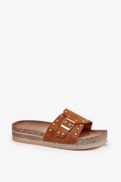 Clearance Boto Klapki Damskie Na Platformie Z Klamrą I Ćwiekami Camel Nusithia Brązowy