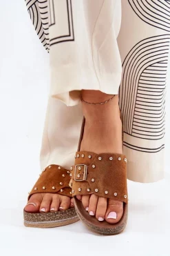 Clearance Boto Klapki Damskie Na Platformie Z Klamrą I Ćwiekami Camel Nusithia Brązowy
