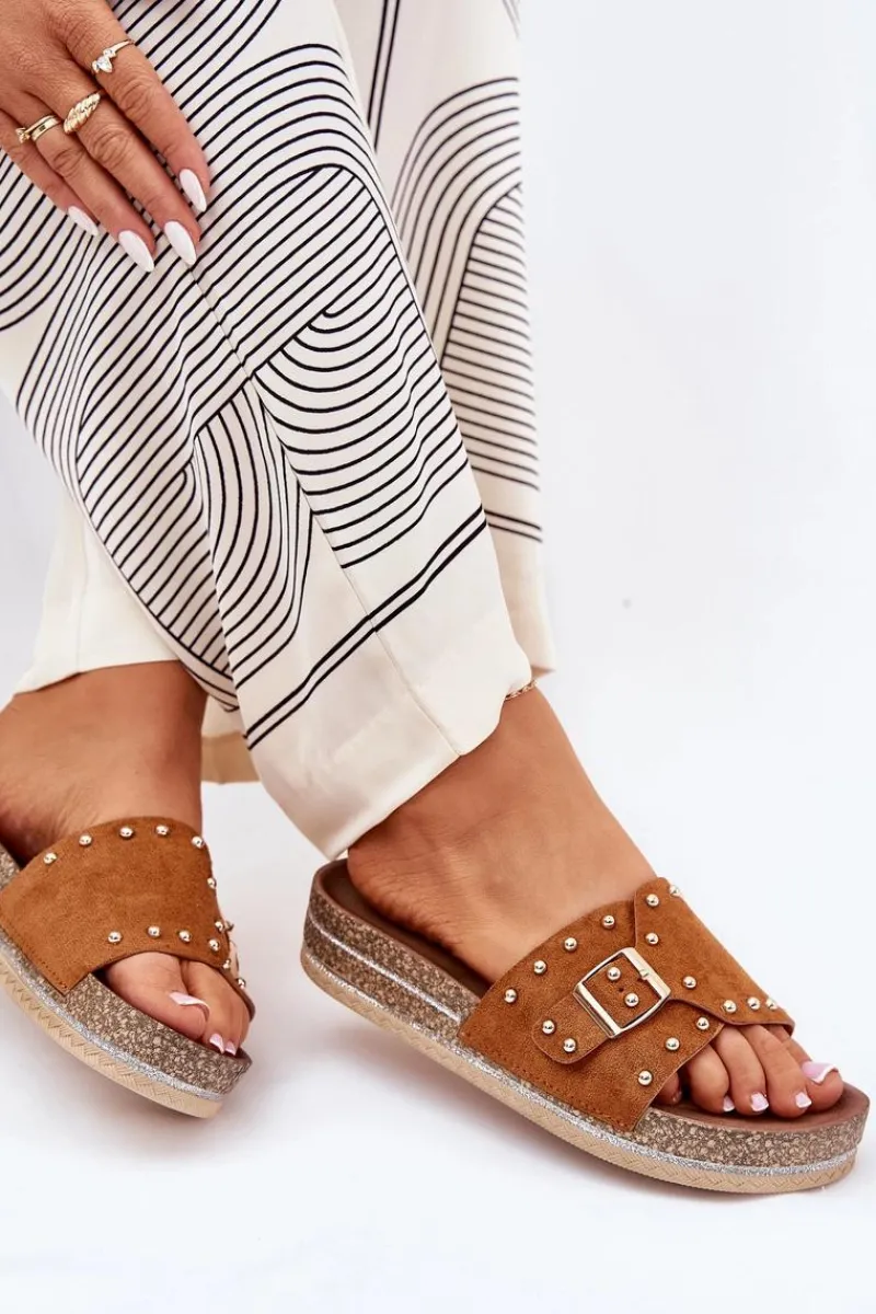 Clearance Boto Klapki Damskie Na Platformie Z Klamrą I Ćwiekami Camel Nusithia Brązowy