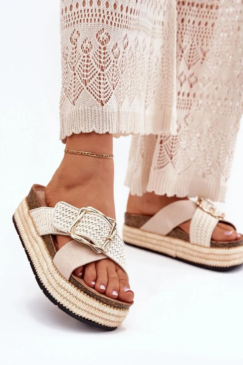 Hot Boto Klapki Damskie Na Platformie Z Plecionką I Złotą Klamrą Beżowe Filazzia