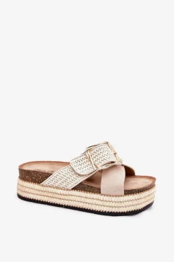 Hot Boto Klapki Damskie Na Platformie Z Plecionką I Złotą Klamrą Beżowe Filazzia
