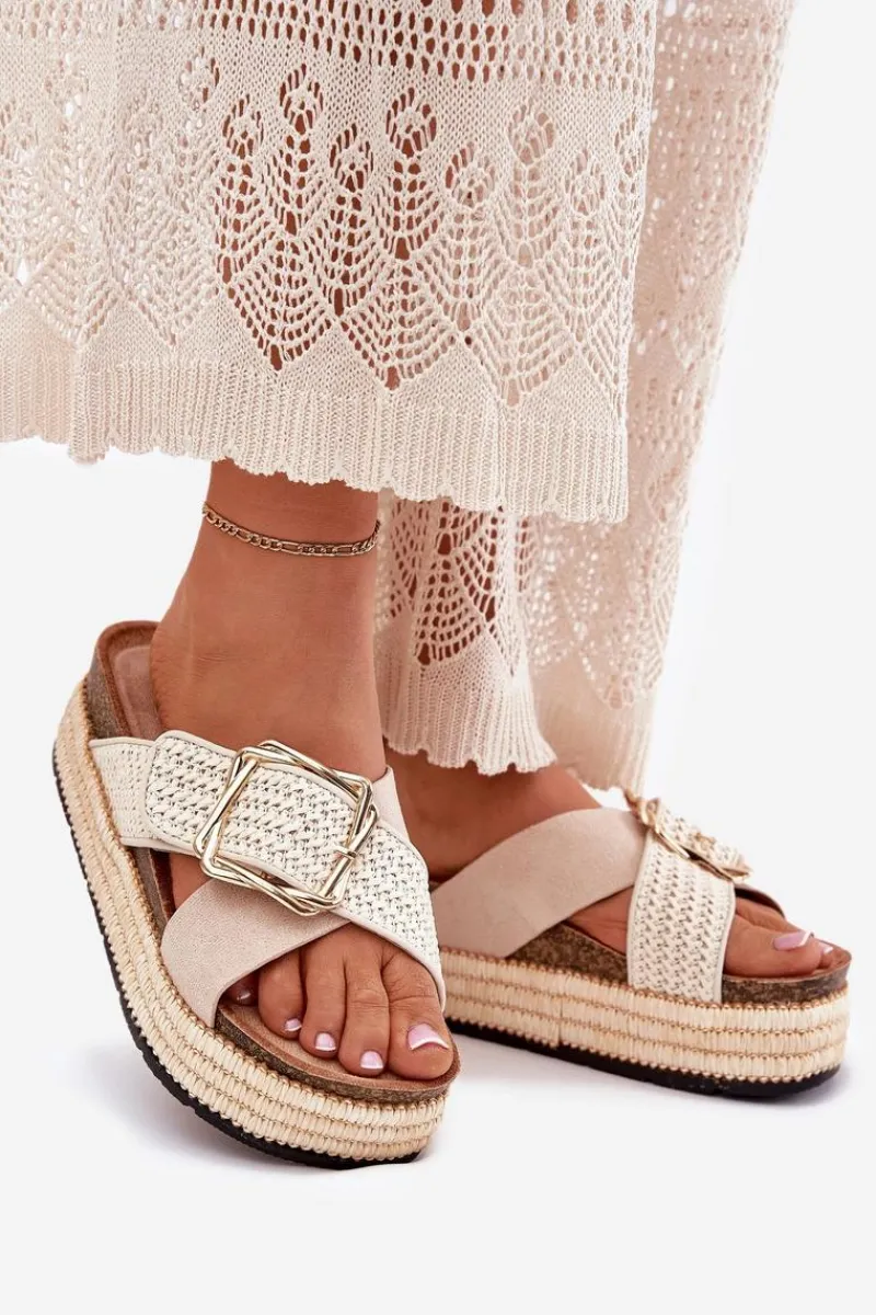 Hot Boto Klapki Damskie Na Platformie Z Plecionką I Złotą Klamrą Beżowe Filazzia