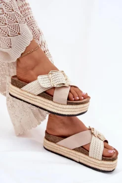 Hot Boto Klapki Damskie Na Platformie Z Plecionką I Złotą Klamrą Beżowe Filazzia
