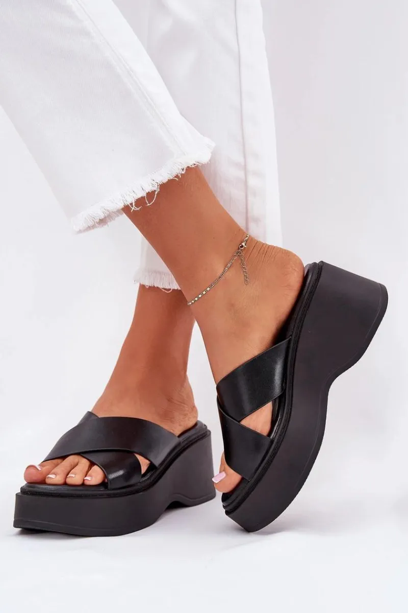 Discount Klapki Damskie Na Platformie I Koturnie Czarne Nelithraea Damskie Klapki Na Koturnie|Klapki Na Platformie